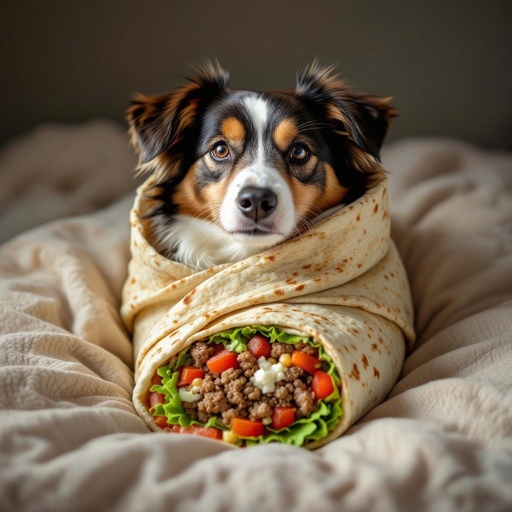 Um cachorro enrolado em um burrito
