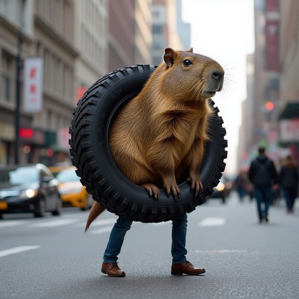 Capybara with tire body 2 human leg in city