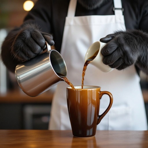 カフェの店員のゴリラがコーヒーを注ぐ