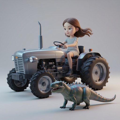 La fusione con una bambina e un trattore e un dinosauro