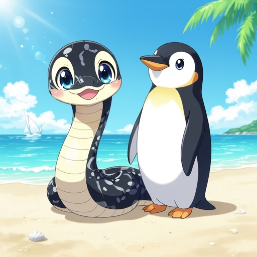 Un serpente con la testa di un pinguino in. Una spiaggia
