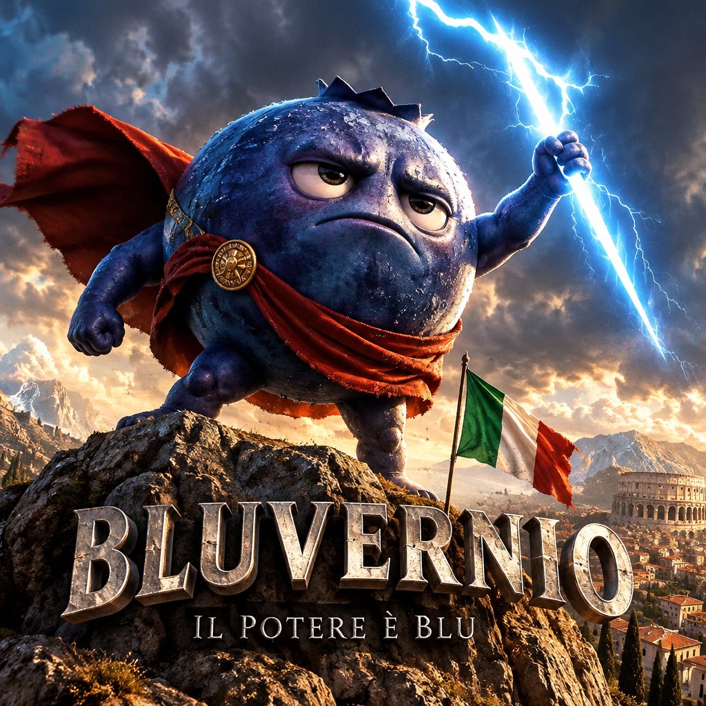 Animated blue creature in a red cape stands above a rocky landscape amid lightning and bold Italian text.
