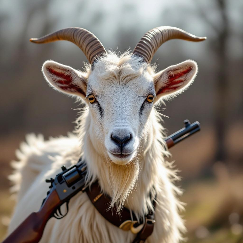 una capra con la schiena a forma di fucile e con le corna a revolver