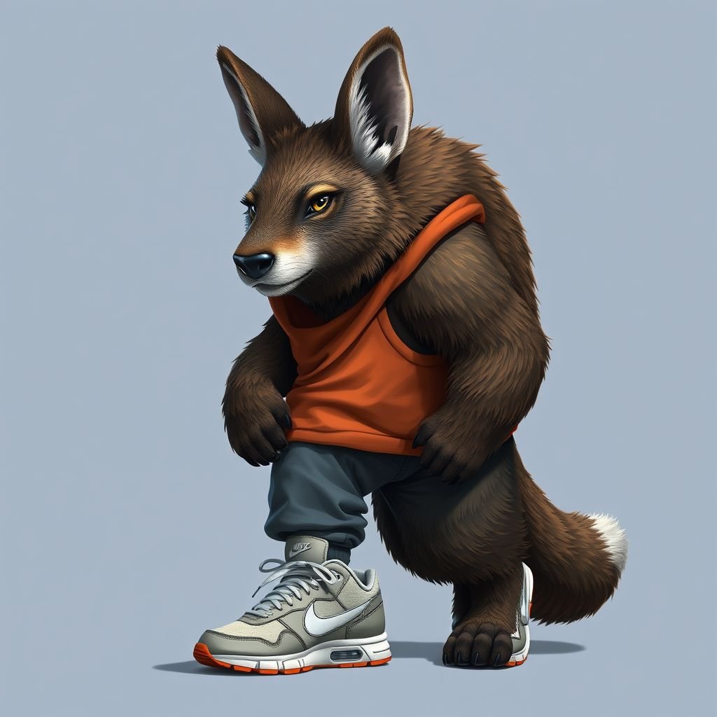 Que tenga una tennis nike, que tenga una cara de rana y cuerpo de oso