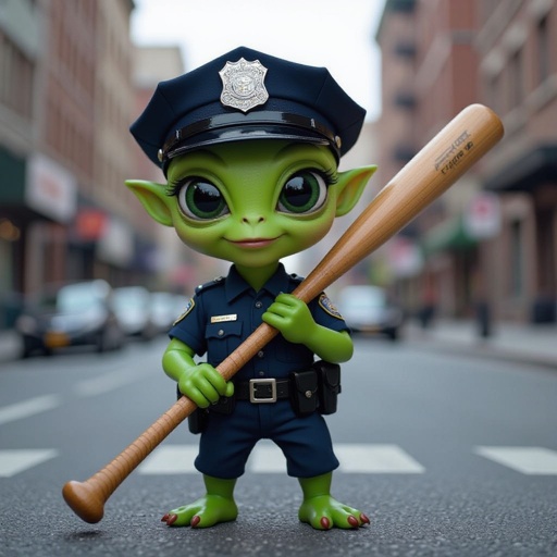 Alien with baseball bat with wear police officer clothes in city
