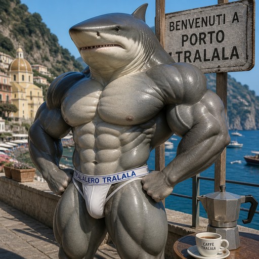 Muscular anthropomorphic shark posing by a seaside harbor sign and café table