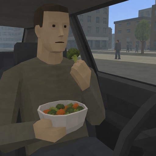 Low-poly person eating vegetables from a bowl inside a car