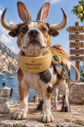 Surreal dog with oversized horns, deer ears, and pasta signs in a coastal scene