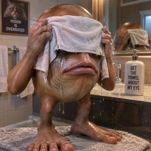 Surreal muscular creature wipes its face with a towel in a bathroom, muted colors, meme style.
