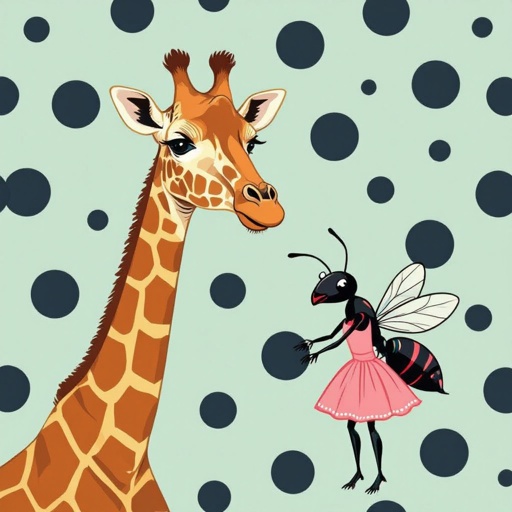 Giraffe print as a background with an and wearing a dress