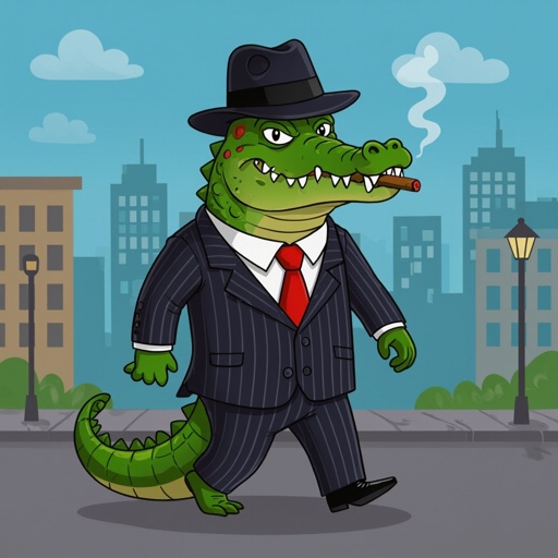 Un coccodrillo che indossa un outfit da gangster in cita