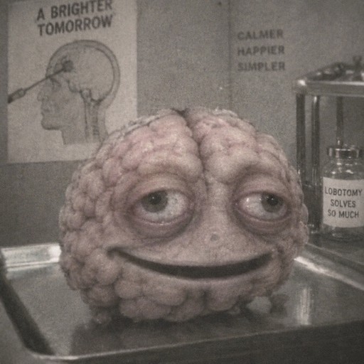 Pink brain character smiling in a sink beside a poster and laboratory container
