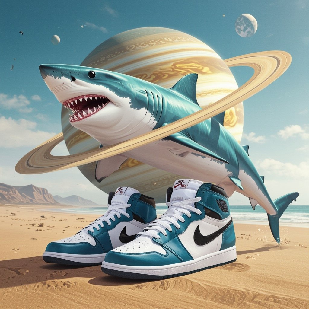 Uno squalo con scarpe Nike e il corpo dell Saturno in vita