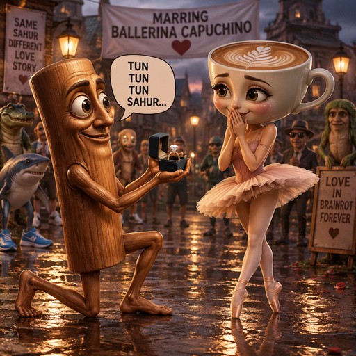 Cartoon wooden character and ballerina dancing on a rainy café street at night