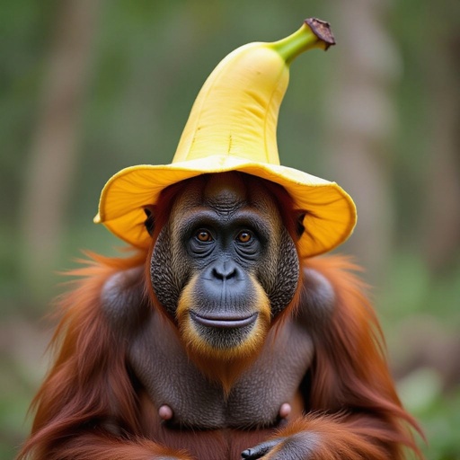 A orangutan that has the torso of a banana and it has a banana hat