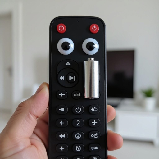Make a tv remote hold a battery in a white room and it has eyes