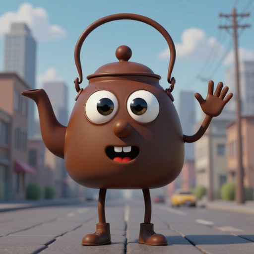 Brown kettle with 2 human leg 1 human hand 2 big eye 1 brown nose and mouth in city