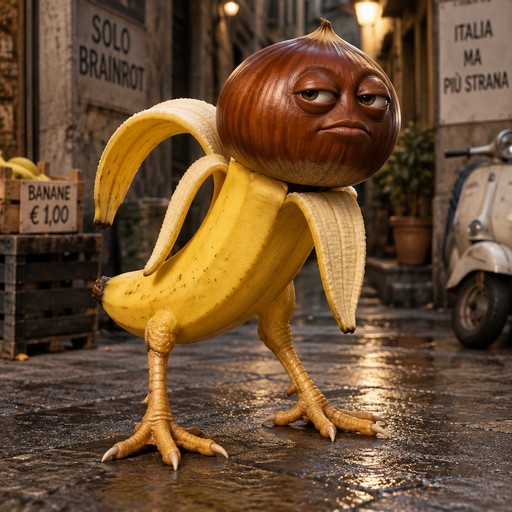 Surreal banana-bodied figure with an anthropomorphic face standing on a wet market street