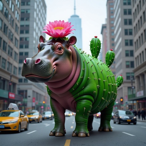 Hippo with cactus body 1 human foot in city