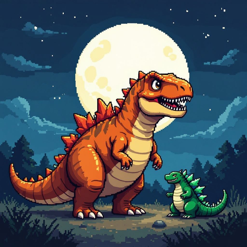 Un T-Rex fatto in pixel Art con una luna per il corpo è un mini godzilla vicino 