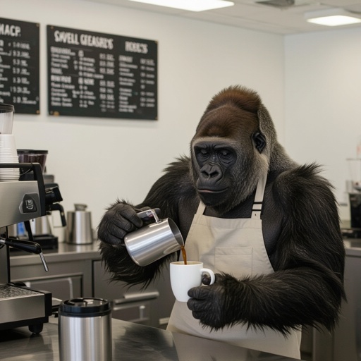 カフェの店員のゴリラがコーヒーを注ぐ