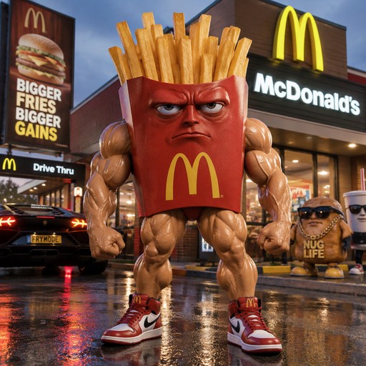 Muscular fries carton character outside McDonald’s at night, colorful surreal digital art