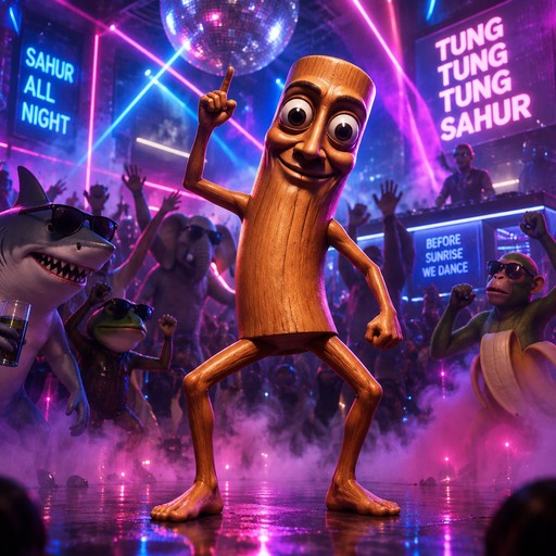 3D wooden character dancing in a neon purple nightclub with a disco ball and crowd