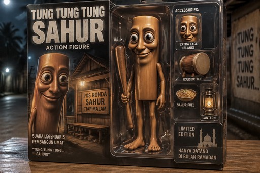 Cartoon chocolate figures in a dark boxed action figure set labeled “Tung Tung Tung Sahur”