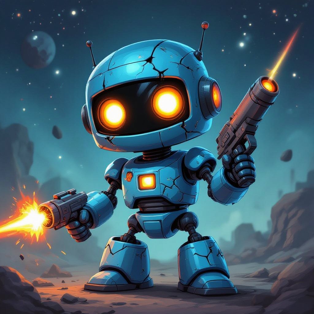 Un robot blu sporco con crepe con occhi a palla arancioni luminosi con in mano una pistola laser con lo stesso stile del robot e uno sfondo con lo spazi