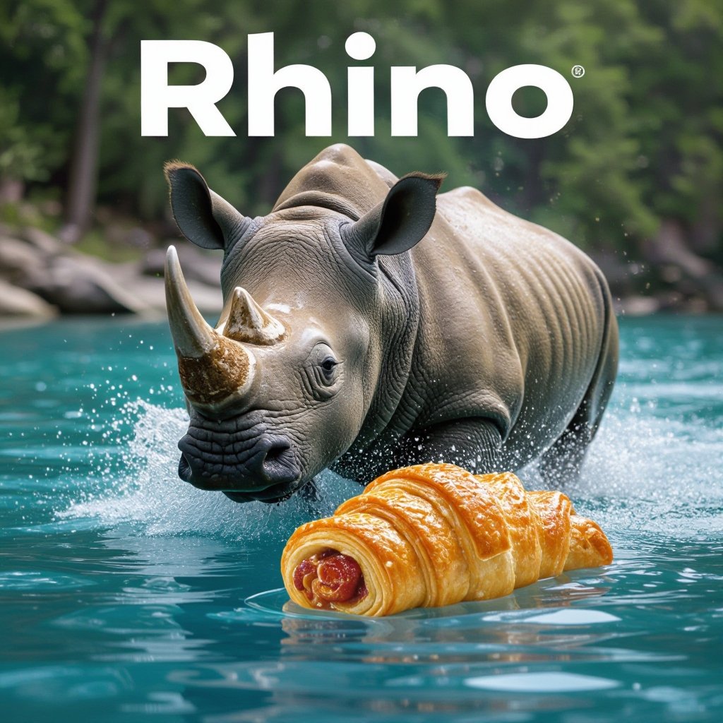 Rhino in water with sausage roll
