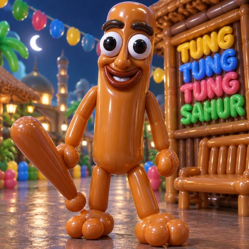 Cartoon sausage character dancing beside a colorful Tung Tung Sahur sign at night.