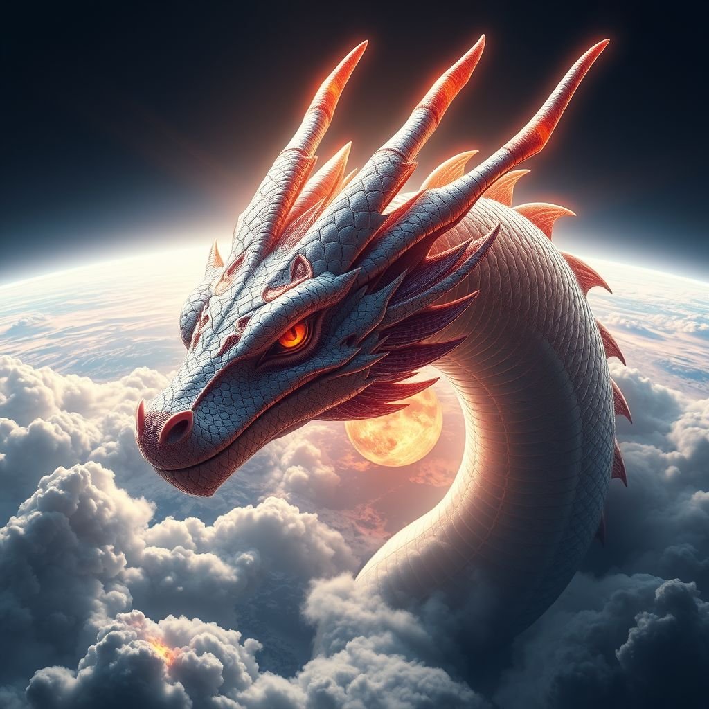 Realistic planet Venus with dragon head tied to Venus