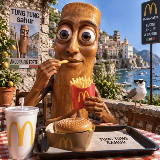 Surreal cartoon wooden figure eating fries and burger beside a seaside village.