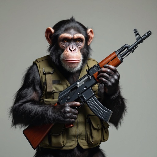 Scimmia con  gile  e con ak 47
