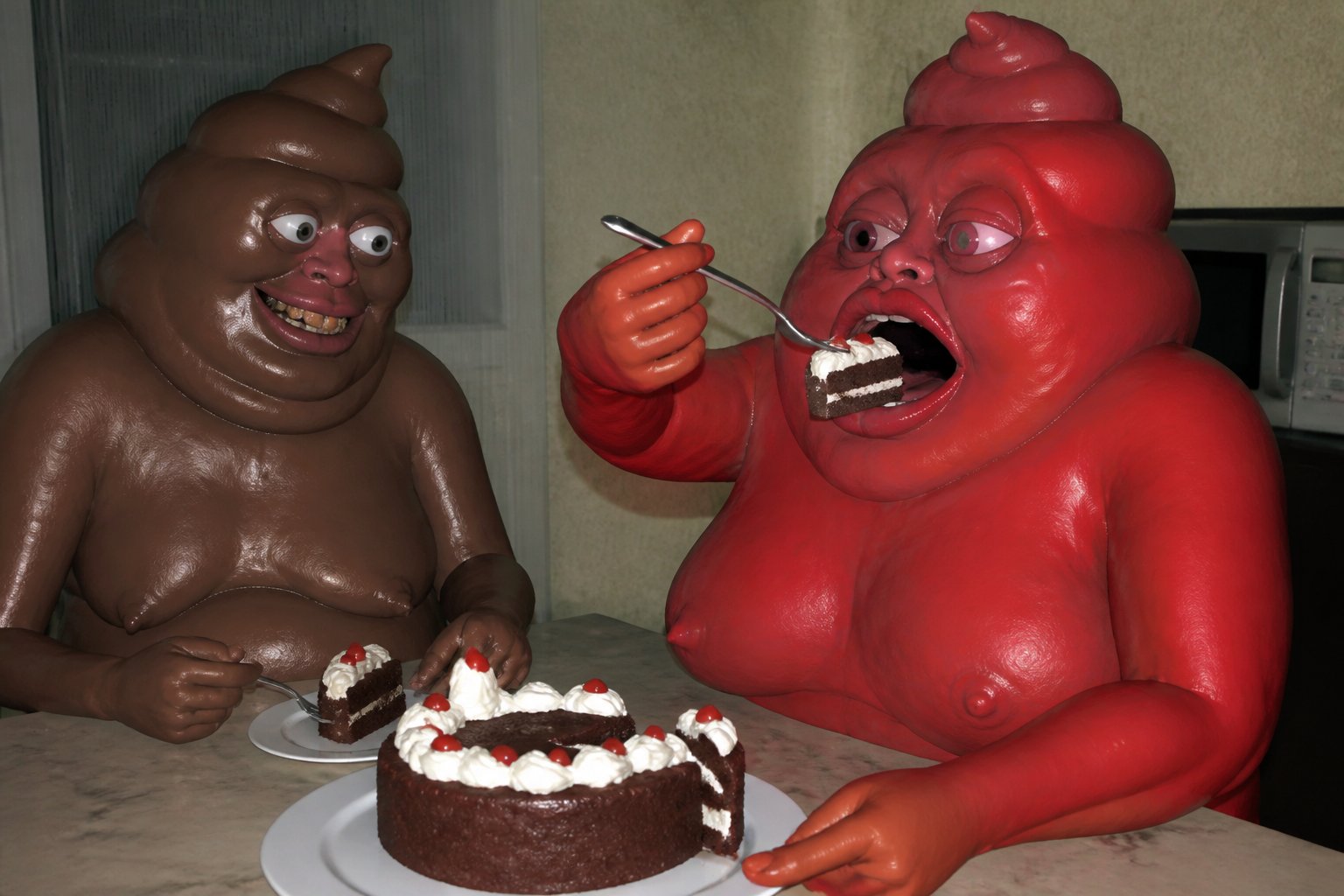 Two colorful clay figures share a cake at a table in a humorous scene.