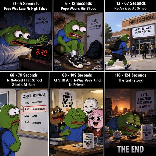 Cartoon frog rushes from school hallway to a fast-food restaurant, ending at night.
