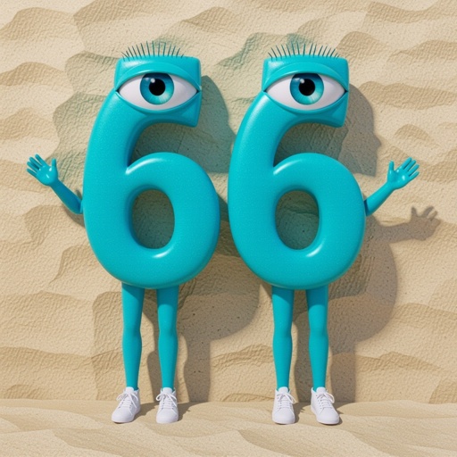 Cyan number 66 with 2 human eye ball 2 cyan arm 2 cyan leg wear white shoes in beach