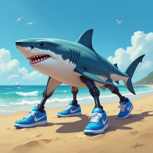 Squalo con tre gambe e tre piedi con le Nike azzurre nella spiaggia