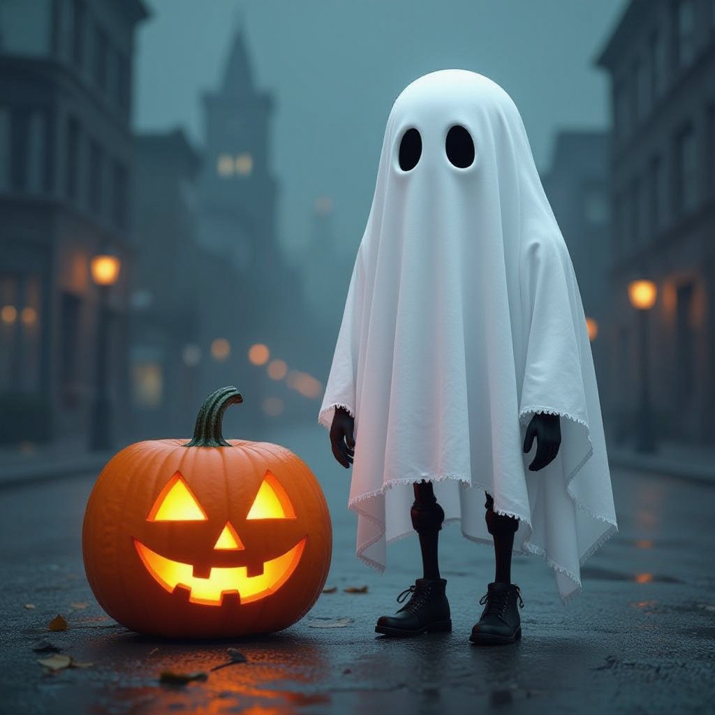 Ghost with 2 human leg and jack o lantern pumpkin with 2 human leg in city