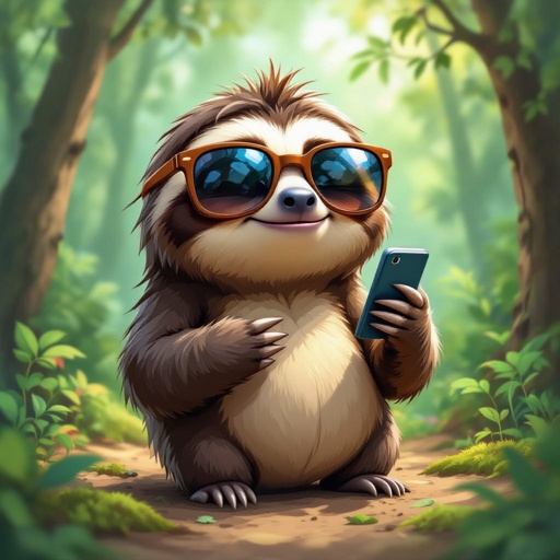 Un perezoso caricaturesco con lentes de sol grandes y brillantes, sosteniendo un celular en sus manos, mirando la pantalla con expresión divertida, estilo exagerado y ridículo, con colores vivos, parado en un bosque realista y detallado, con árboles, luz natural filtrándose entre las hojas, suelo con musgo y hojas, mezcla de caricatura y realismo, iluminación suave y ambiental, estilo artístico semi-realista, adorable y surrealista, vibe brainrot.”