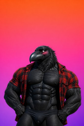 Cartoon crow-headed figure wearing a red plaid shirt against a pink-purple gradient background