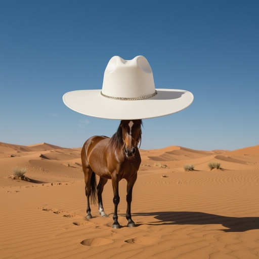 Horse with a hat that is in the desert 
