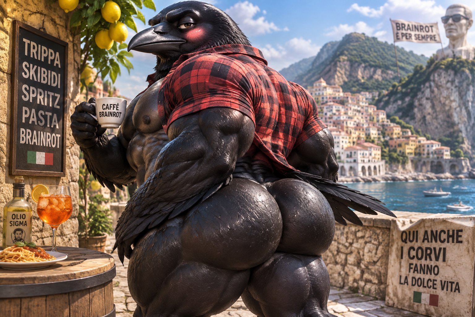 Cartoon crow in a red plaid shirt standing in a colorful mountain village.