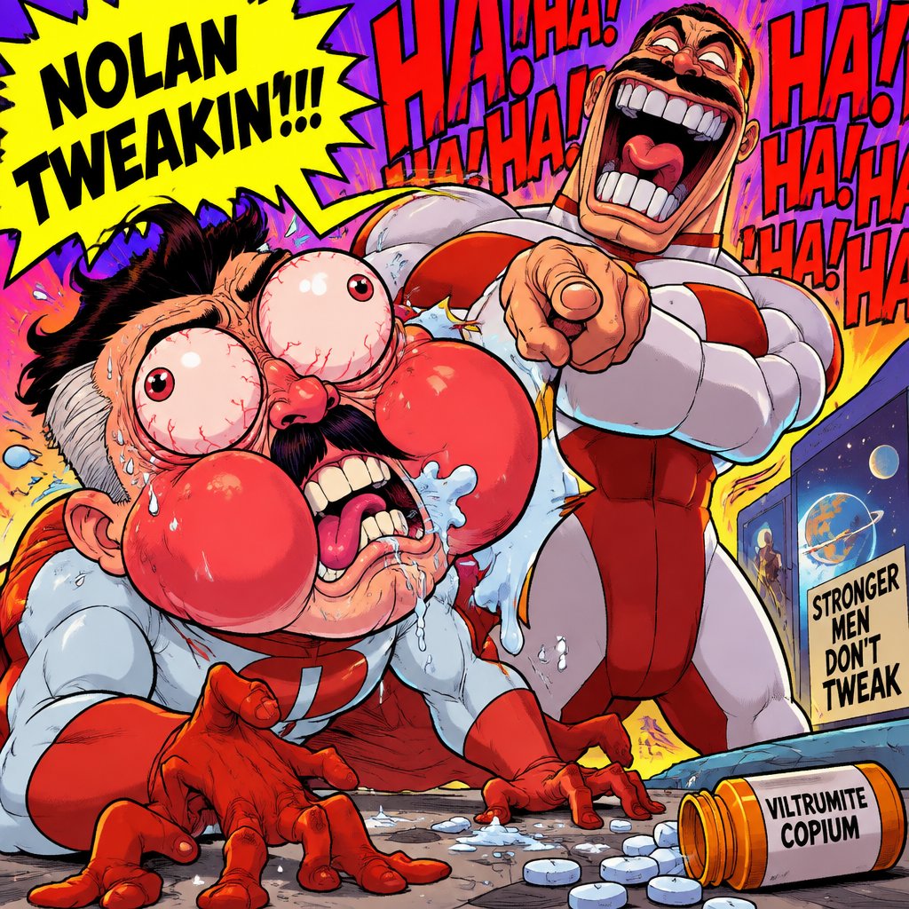 Colorful comic-style meme with exaggerated characters, shouting text, and scattered supplement bottles.