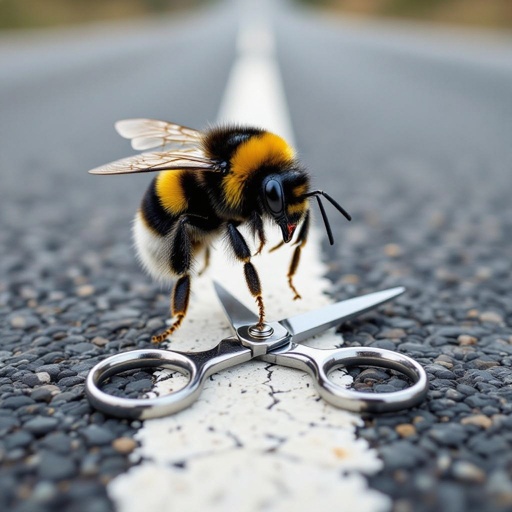 A bumblebee with scissors flying above a road