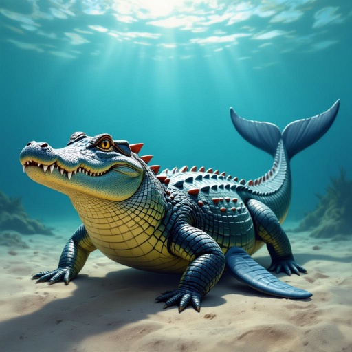 Un alligatore con la testa di un dinosauro e la coda di balena 