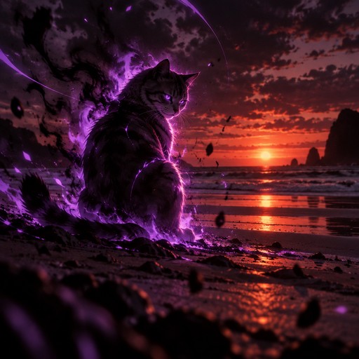 A glowing purple cat sits on a beach during a vivid sunset.