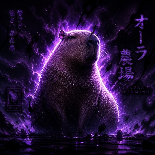 Purple neon illustration of a capybara surrounded by lightning and Japanese text