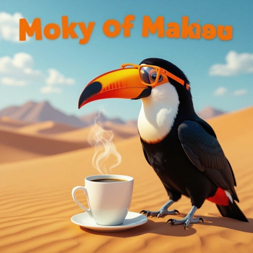 Toucan wear orange glasses with cup coffee in desert