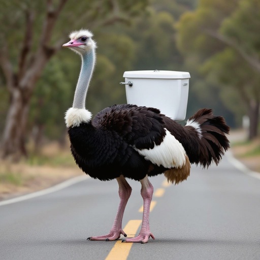 Ostrich with train body and toilet on back 2 human leg in road